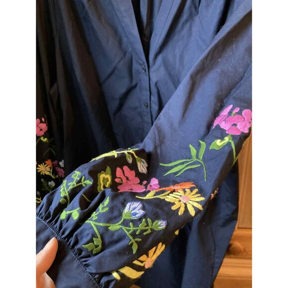 Talbots | 100% Cotton Embroidered Floral Navy Long Sleeve Dress | 22 Petite - Picture 2 of 6